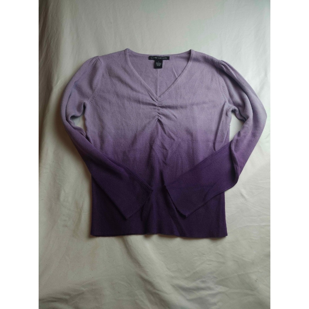 Larry Levine Purple Ombre V-Neck‎ Sweater Long Sleeve Knit Top Size L Womens